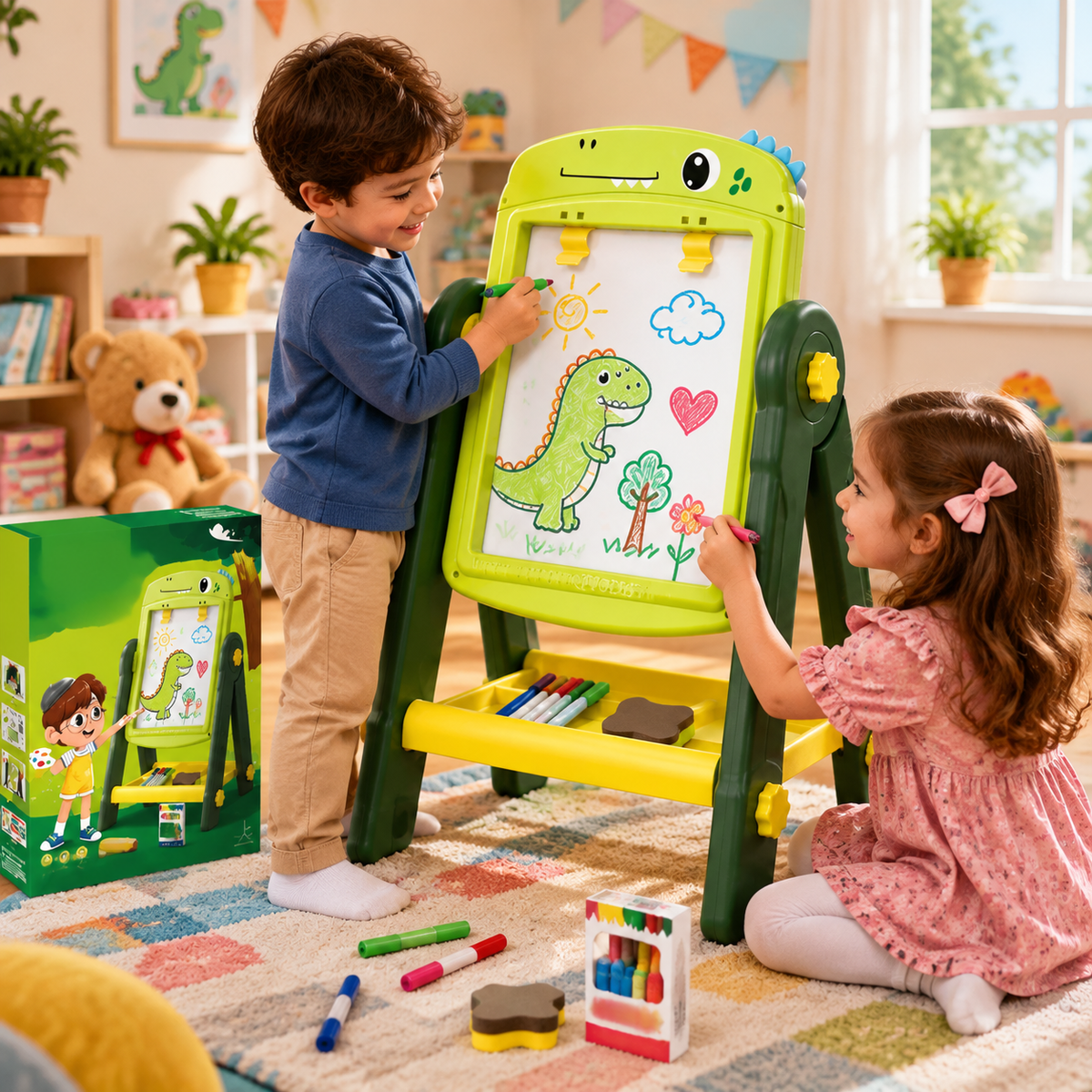 Kids Dual-Sided Magnetic Art Easel Drawing Board with Accessories