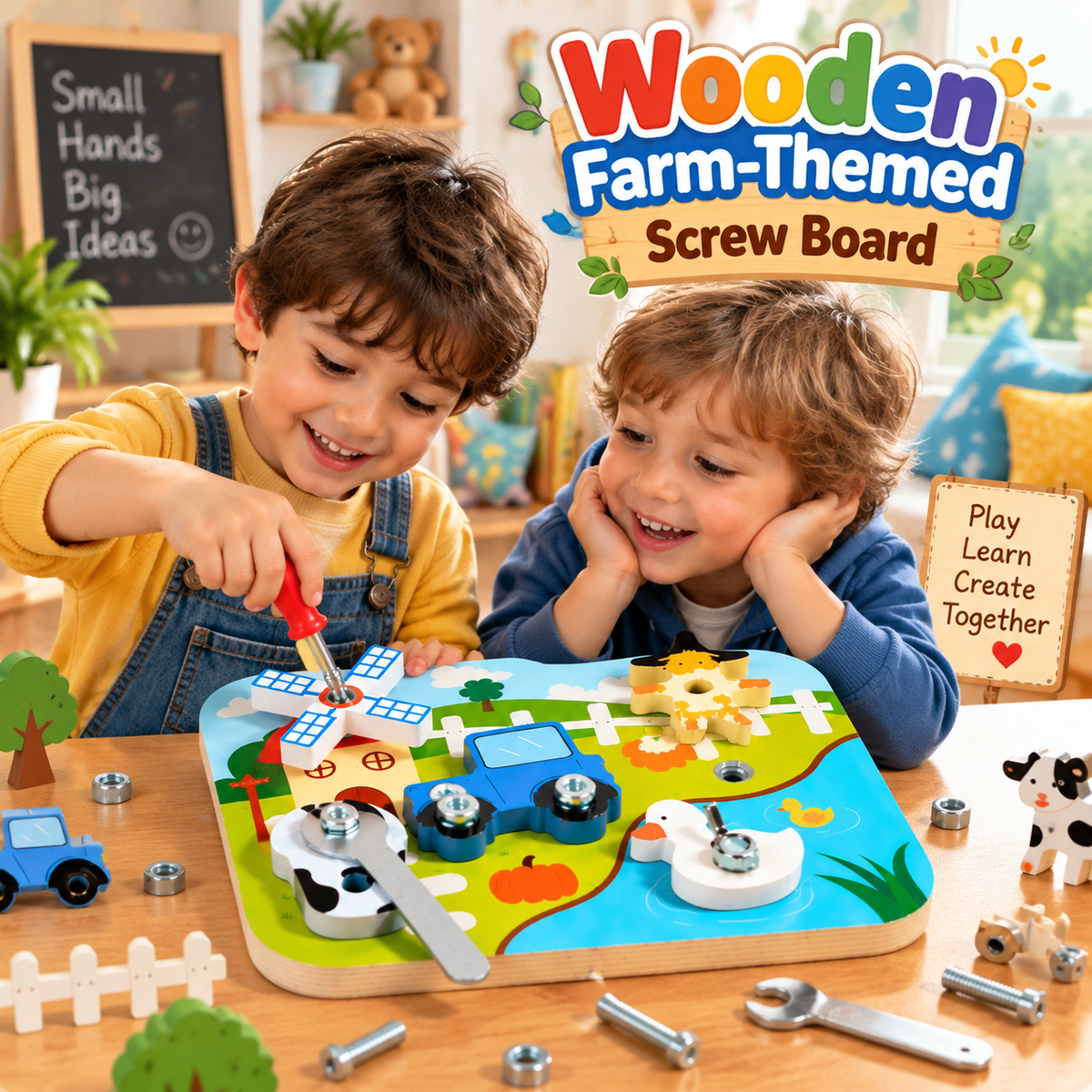 Wooden Farm-Themed Screw Board For Kids