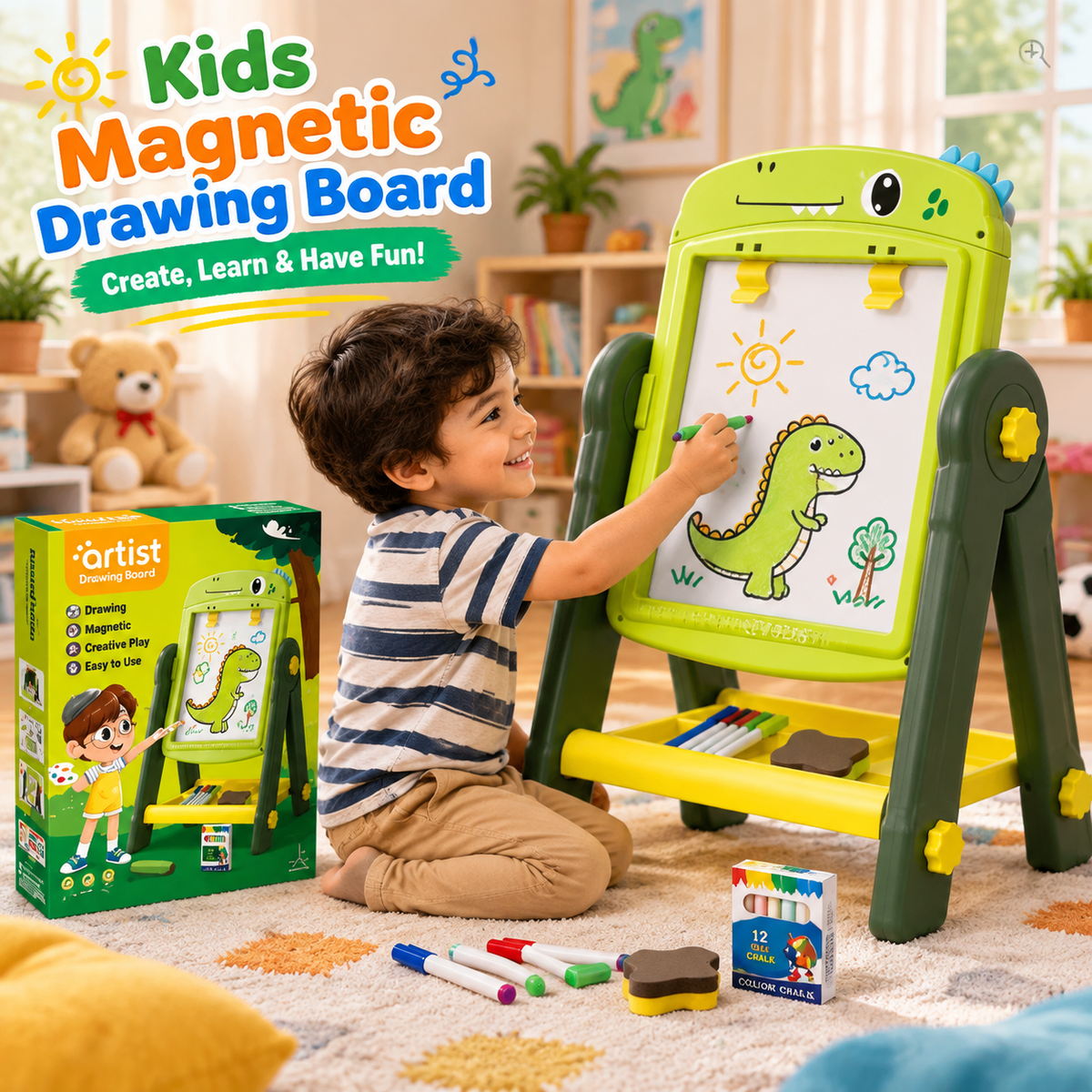 Kids Dual-Sided Magnetic Art Easel Drawing Board with Accessories
