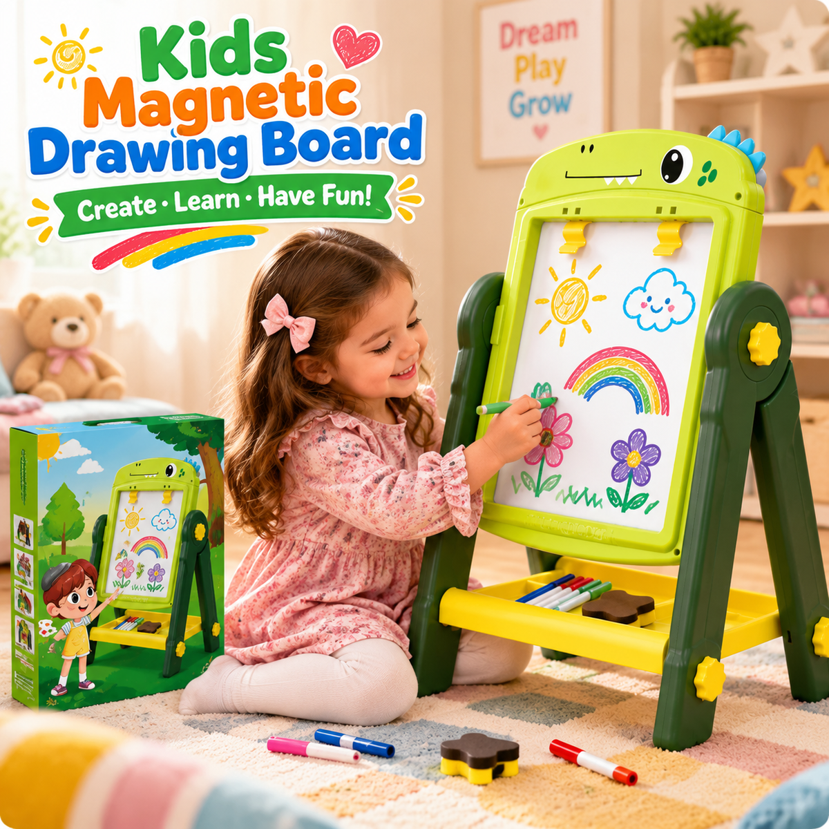 Kids Dual-Sided Magnetic Art Easel Drawing Board with Accessories