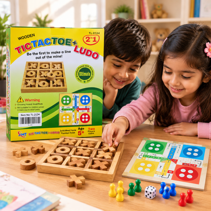 2-in-1 Wooden Tic Tac Toe & Ludo Board Game