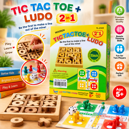 2-in-1 Wooden Tic Tac Toe & Ludo Board Game