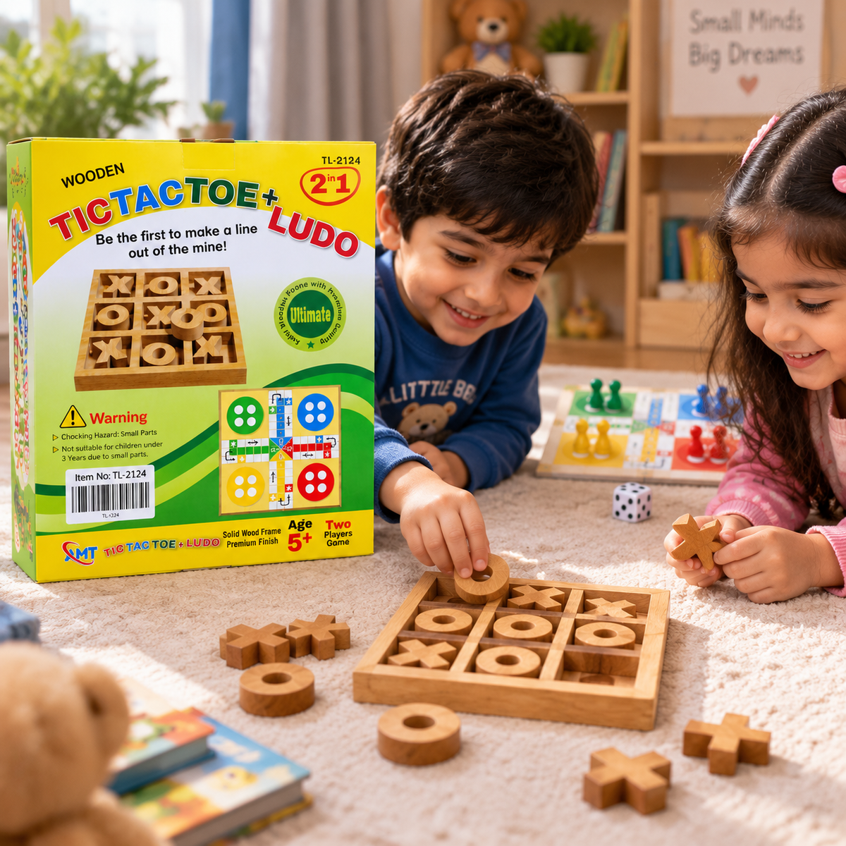 2-in-1 Wooden Tic Tac Toe & Ludo Board Game
