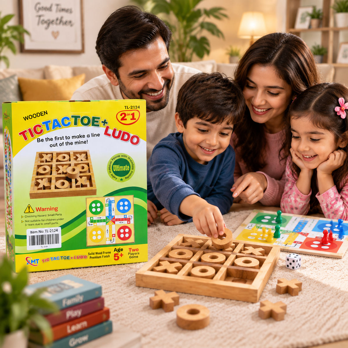 2-in-1 Wooden Tic Tac Toe & Ludo Board Game