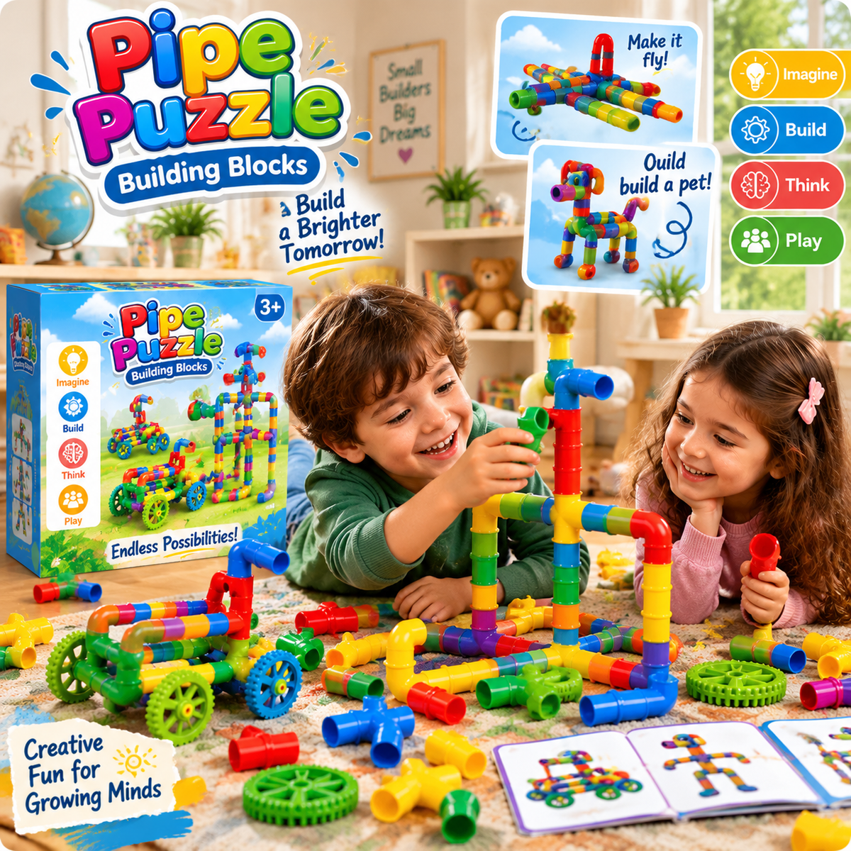 Colorful Creative Pipe Puzzle Building Blocks for Kids With Wheels