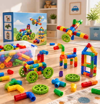 Colorful Creative Pipe Puzzle Building Blocks for Kids With Wheels